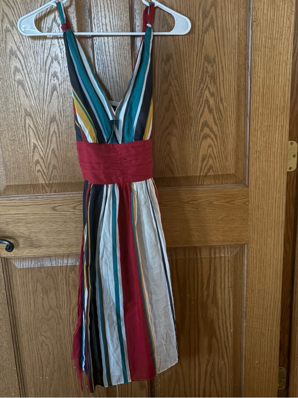The Limited Striped V-Neck Maxi Dress in Teal, Red & White